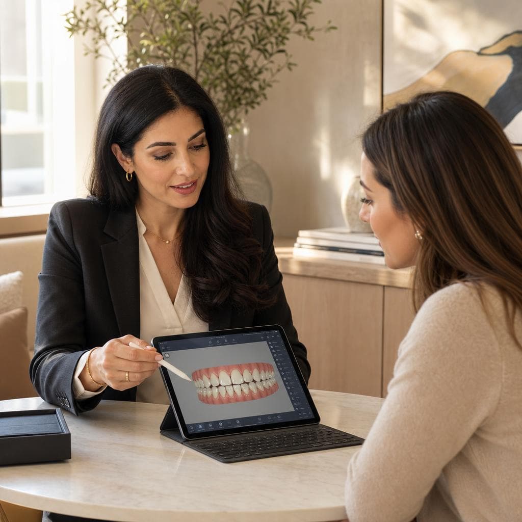 Dr. Shermineh Zadeh discussing clear aligner treatment with a patient in Encino