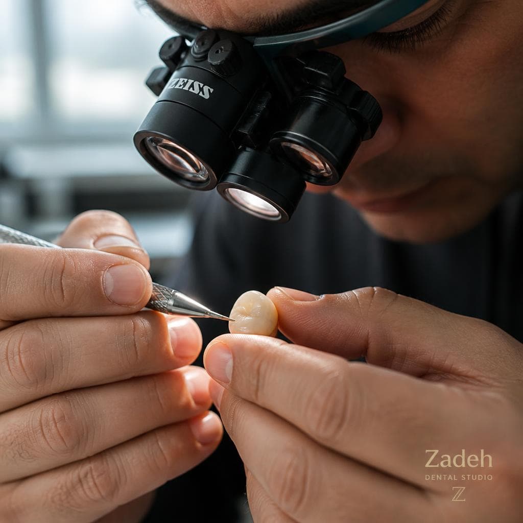Encino dentist checking a cosmetic dental restoration under high magnification