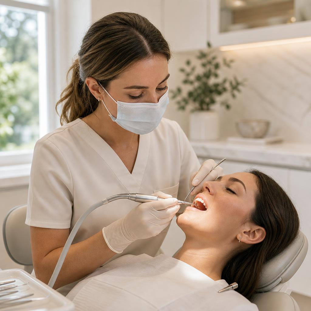 Dental hygienist providing a professional teeth cleaning at an Encino dental office