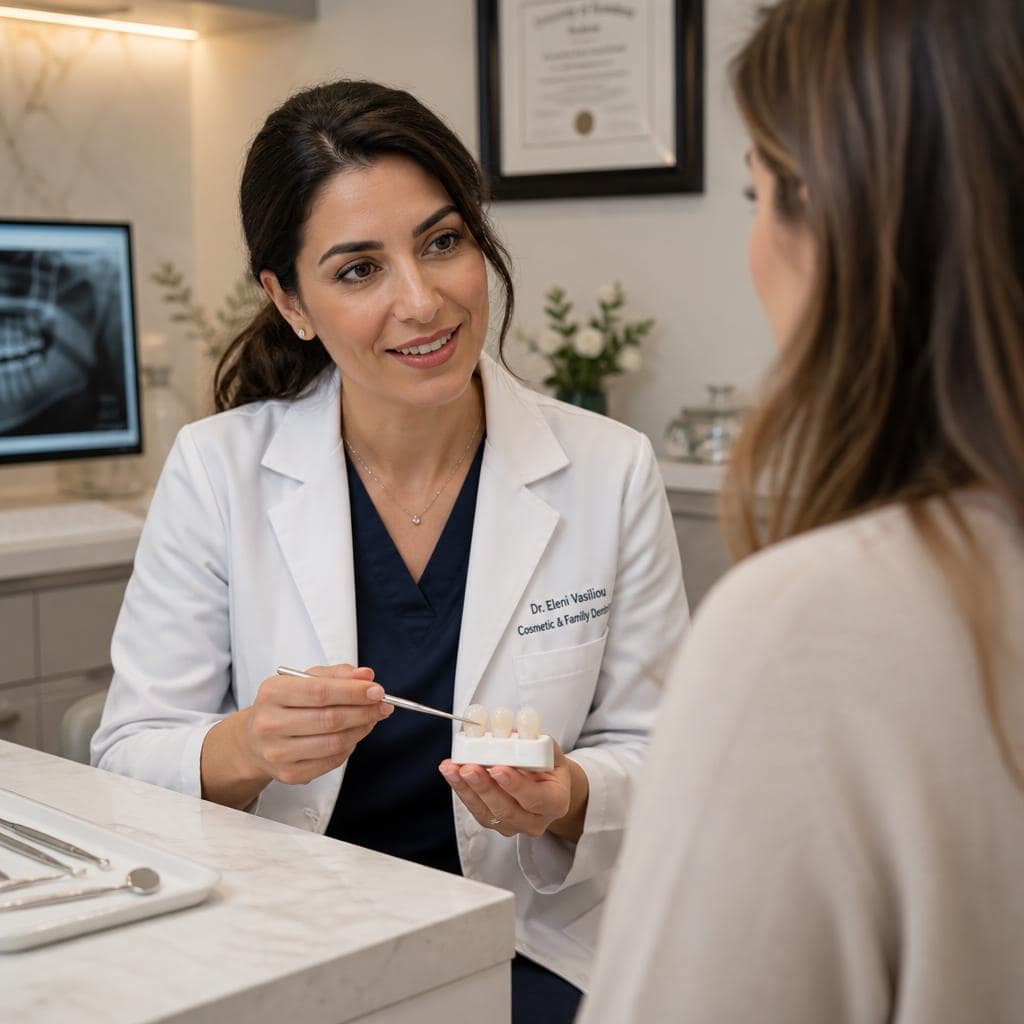 Dr. Zadeh consulting privately with a patient in a calm, sunlit Encino Dentistry office with elegant, natural details