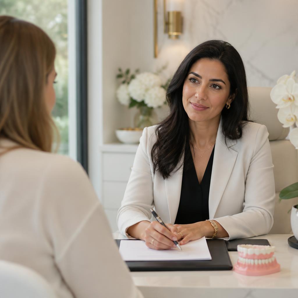 Dr. Shermineh Zadeh speaking with a patient during a first dental appointment in Encino