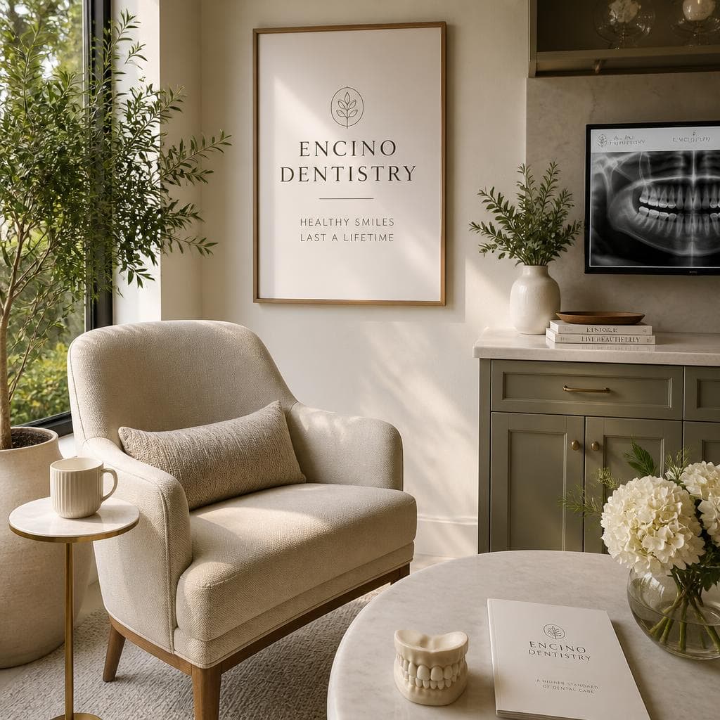 Editorial detail of a serene, private Encino Dentistry consultation room with natural light and refined textures