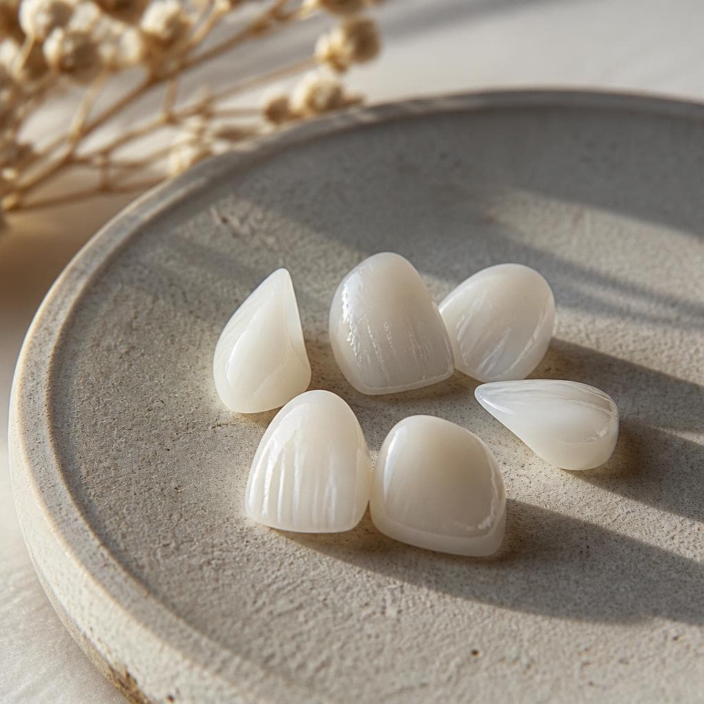Editorial close-up of natural-looking porcelain veneers showing translucent texture at Encino Dentistry