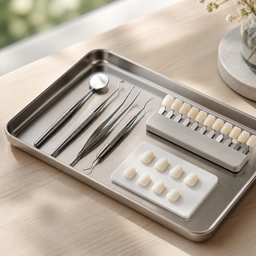 Detailed arrangement of porcelain veneer samples and professional dental tools at Encino Dentistry